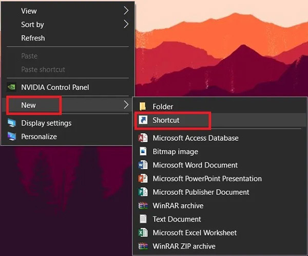 Đi tới New > Shortcut