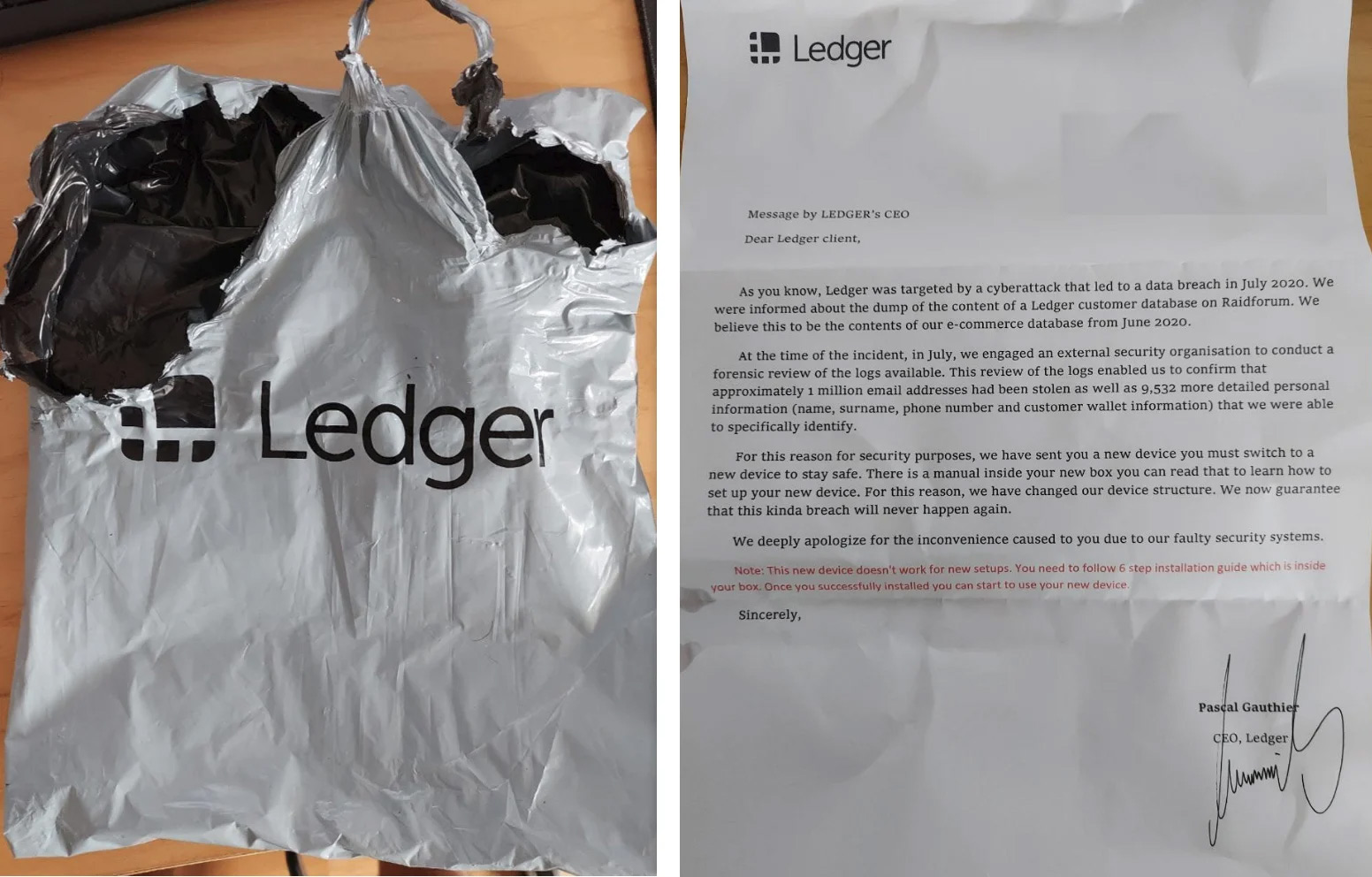 Vỏ bọc hàng và tờ giấy đính kèm của thiết bị Ledger giả.