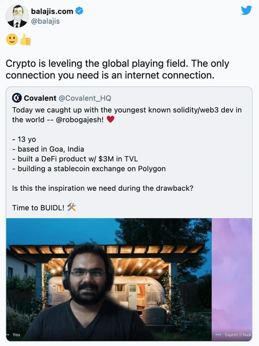 Chuyên gia đầu tư crypto Balaji Srinivasan đã nhắc tới GaJesh Naik trên Twitter.