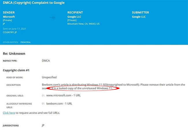 Bản sao của đơn khiếu nại DMCA do Microsoft gửi vào ngày 17 tháng 6 năm 2021, xác nhận có Windows 11.