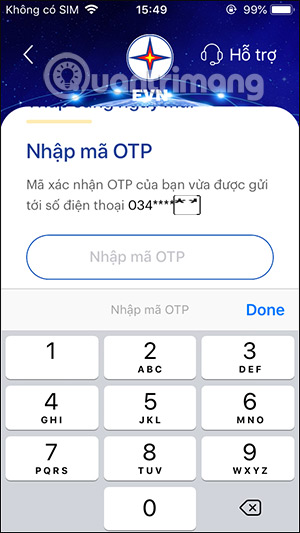 Giao diện nhập mã OTP