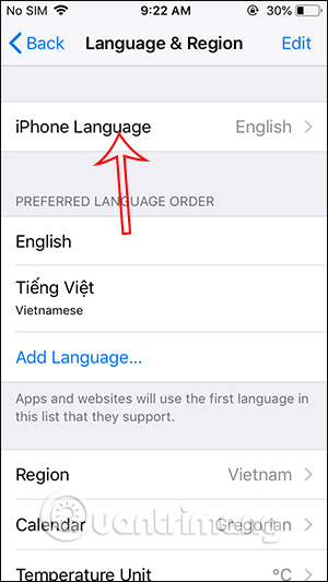Chọn ngôn ngữ iPhone