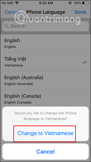 Đổi iPhone sang tiếng Việt 