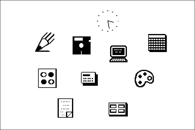 Các biểu tượng trong Windows 1.x (1985) và Windows 2.x (1987).