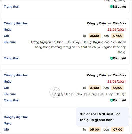 Danh sách lịch cắt điện