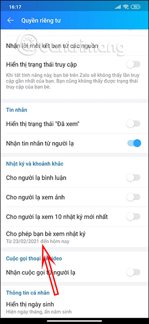 Thời gian hiện Nhật ký Zalo