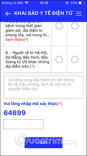 Gửi tờ khai y tế