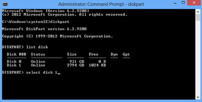Nhập select disk 1