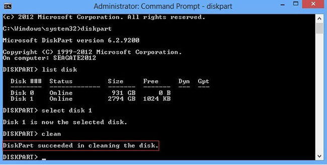 Thông báo "DiskPart succeeded in cleaning the disk"