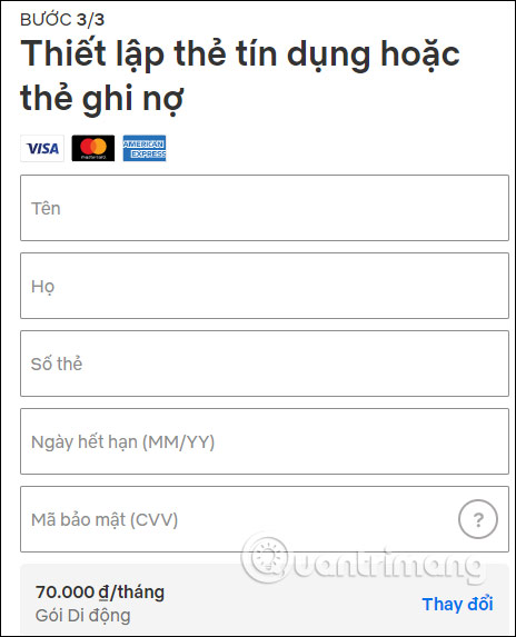 Điền thông tin thẻ thanh toán