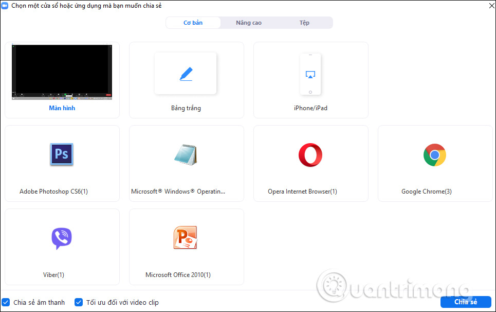 Chọn màn hình chia sẻ