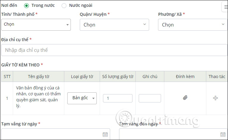 Điền thông tin nơi đi