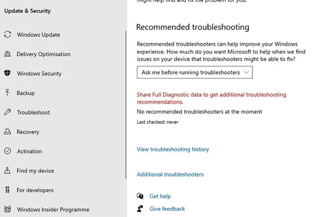 Đi tới Settings > Update & Security > Troubleshoot > Additional troubleshooters