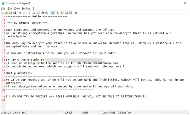 Ghi chú của cuộc tấn công ransomware Babuk Locker.