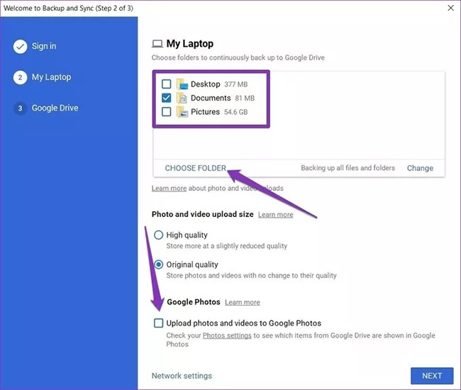 Chọn hộp kiểm có nội dung "Upload photos and videos to Google Photos"