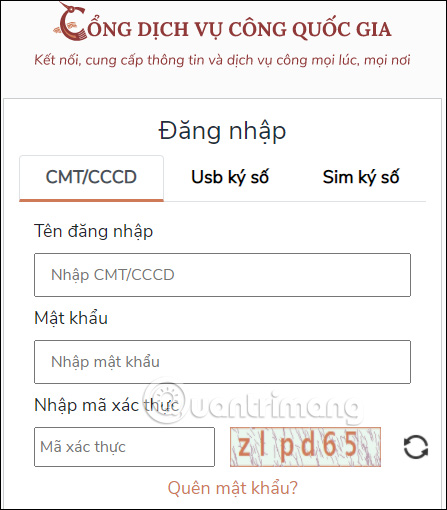 Nhập tài khoản DVC Quốc gia