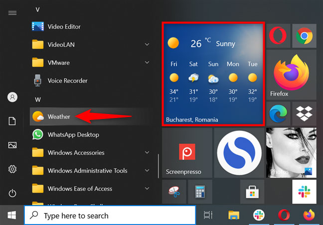 Khởi chạy ứng dụng Weather trên Windows 10 từ menu Start