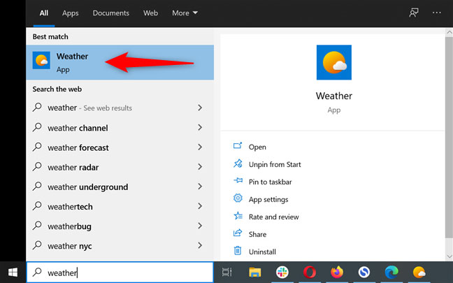 Khởi chạy ứng dụng Weather trên Windows 10 bằng cách tìm kiếm nó