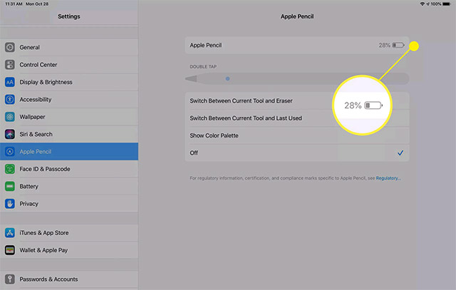Phần trăm pin sẽ hiển thị ở trên cùng của màn hình