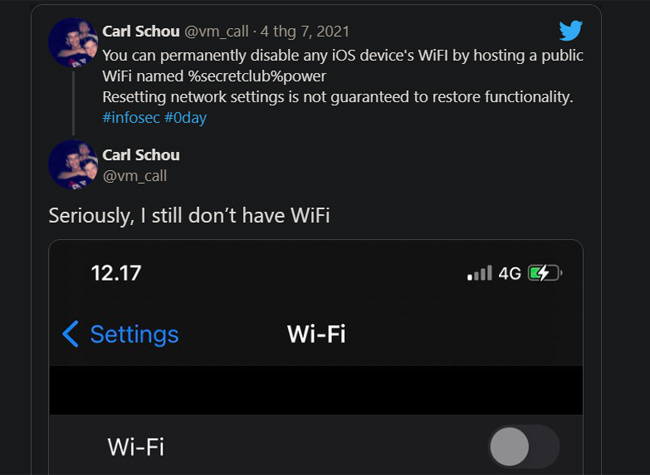 Nhà nghiên cứu bảo mật Carl Schou chia sẻ tên Wifi chứa ký tự đặc biệt, làm hỏng kết nối mạng trên iPhone.