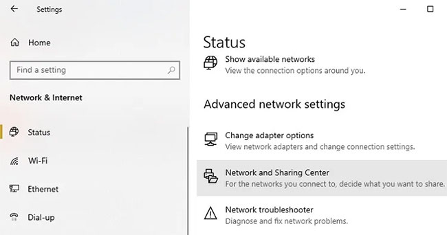 Đi tới Settings > Network & Internet > Status > Network & Sharing Center