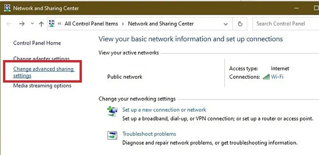 Chọn Change advanced sharing settings