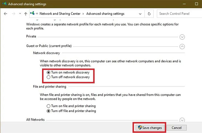 Chọn Turn on network discovery trong cả phần Private và Guest/Public