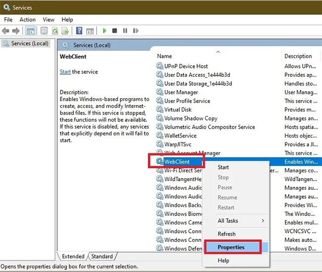 Mở phần thuộc tính của WebClient