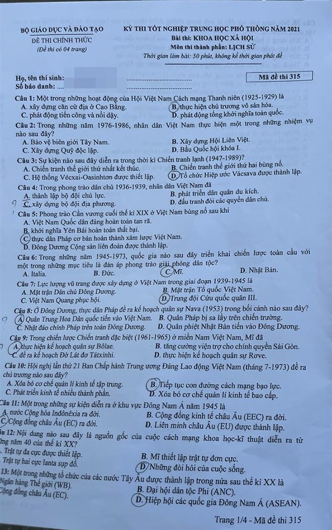 Đề thi môn Lịch sử kỳ thi THPT Quốc gia năm 2021.