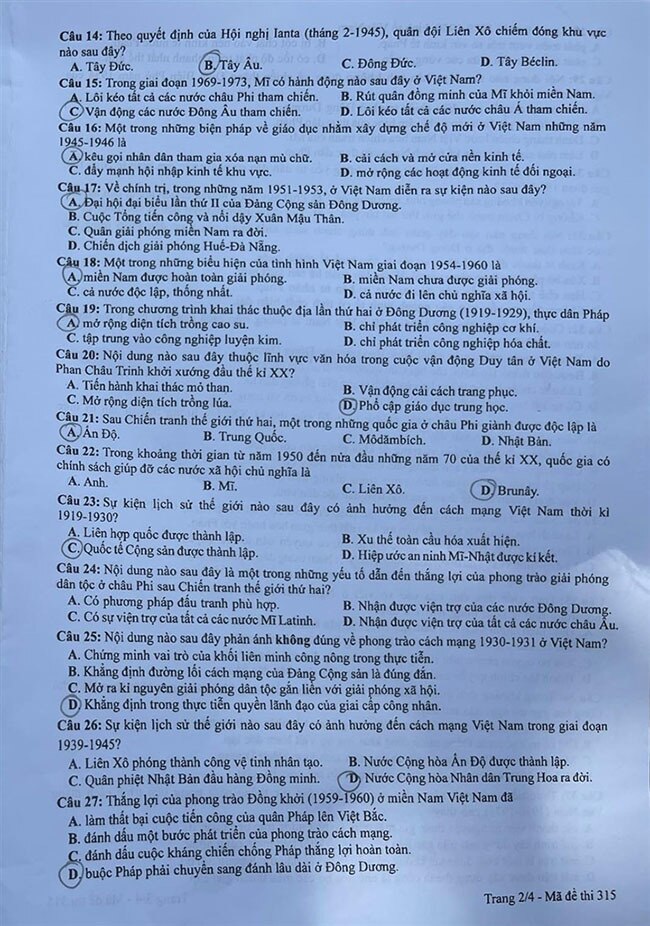 Đề thi môn Lịch sử kỳ thi THPT Quốc gia năm 2021.