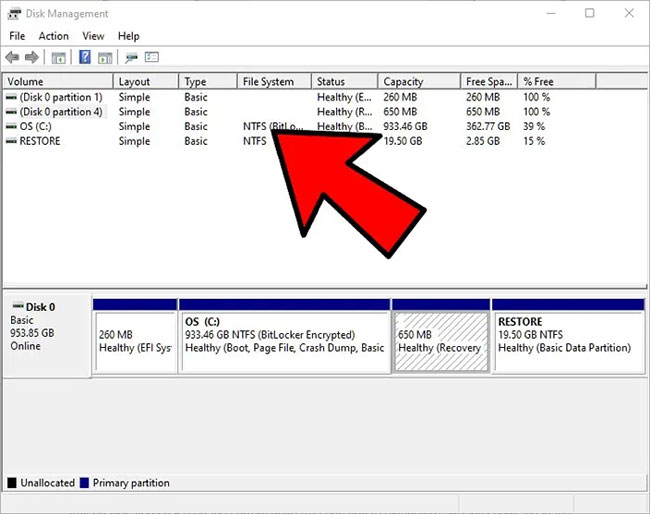 Kiểm tra “File System” cho phân vùng ổ cứng bạn muốn mở rộng