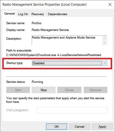 Thay đổi “Startup type” thành “Disabled”
