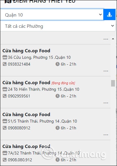 Danh sách cửa hàng
