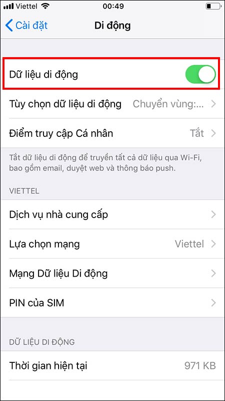 Bật dữ liệu di dộng