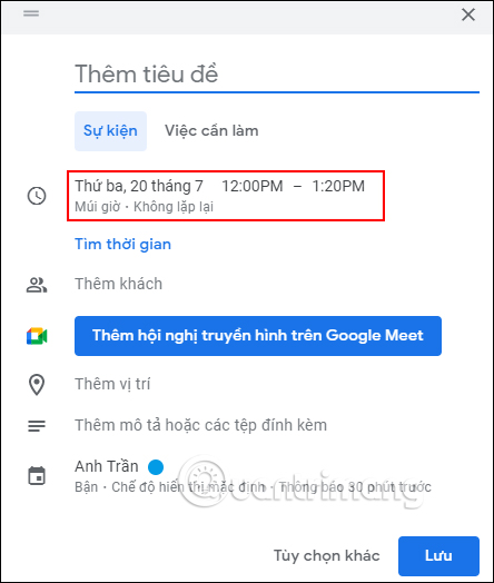Thời gian mặc định