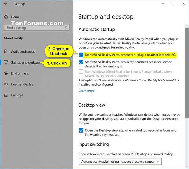 Cách bật/tắt tùy chọn khởi động Mixed Reality Portal khi cắm headset vào Windows 10