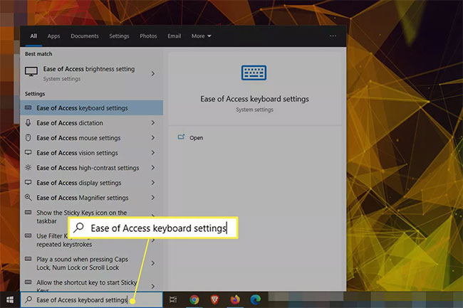 Tìm Ease of Access Keyboard Settings