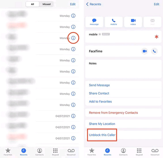 Nhấn vào “Unblock this Caller”