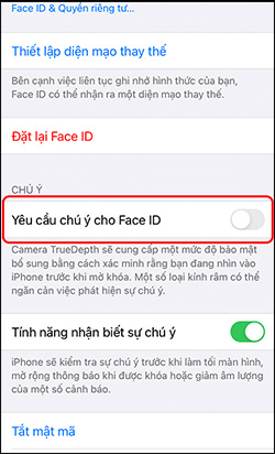 Turn off Require Attention for Face ID 