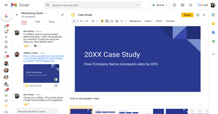 Slide được mở ngay bên cạnh cột Chat, giúp người dùng có thể chỉnh sửa slide trong lúc trò chuyện.