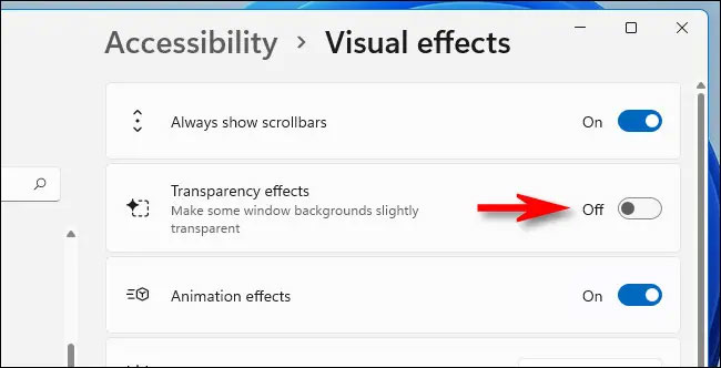Tắt “Transparency Effects”