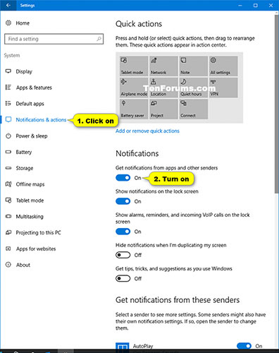 Cách bật/tắt thông báo từ ứng dụng và người gửi khác trong Windows 10