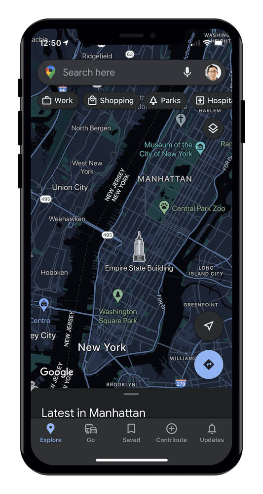 Chế độ tối ở Google Maps trên iOS.