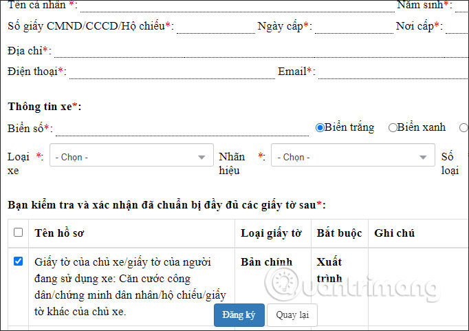 Điền thông tin khai báo