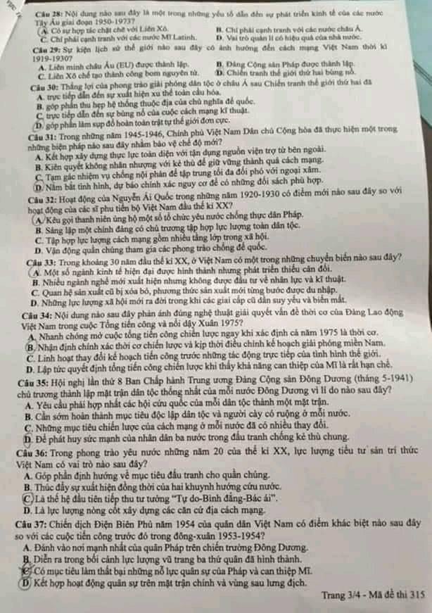 Đề thi môn Lịch sử THPT 2021 đợt 2 3