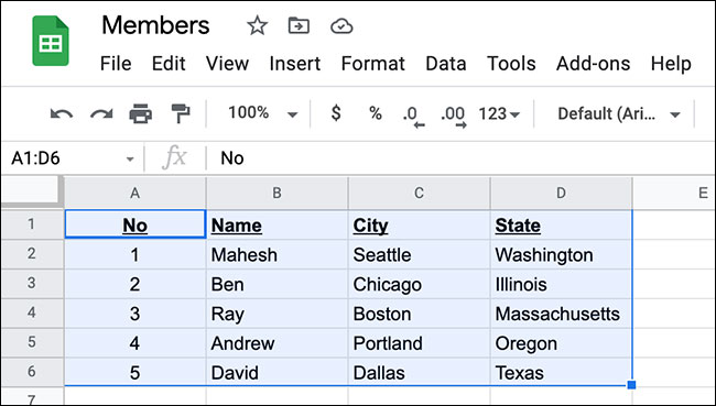 Select the area containing the entered data in the spreadsheet