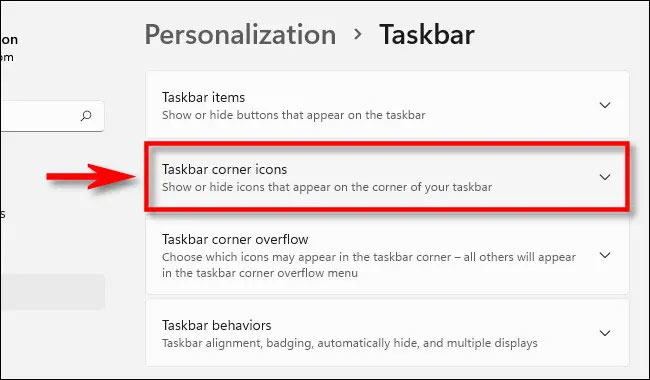 Nhấp vào tùy chọn “Taskbar Corner Icons”