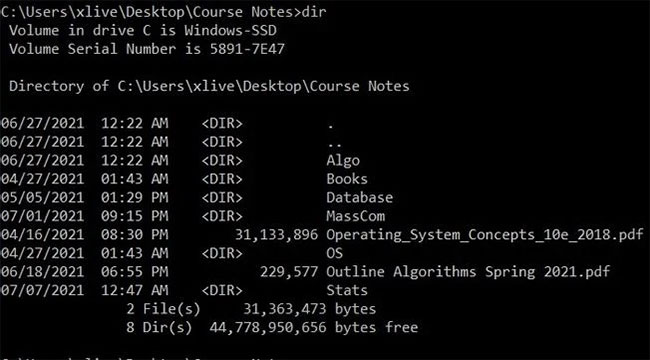 DIR là lệnh tương đương với LS trong Linux