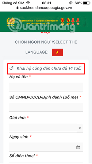 Kê khai hộ công dân dưới 14 tuổi