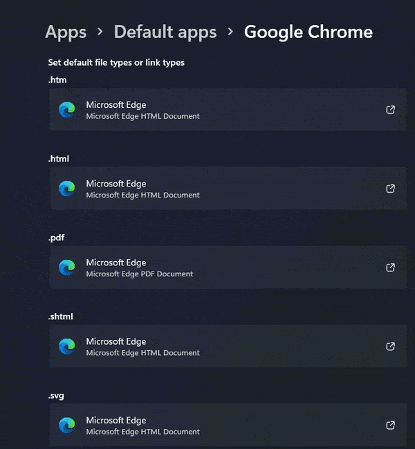 Đặt chế độ mặc định cho các ứng dụng khi sử dụng Google Chrome trên Windows 11.